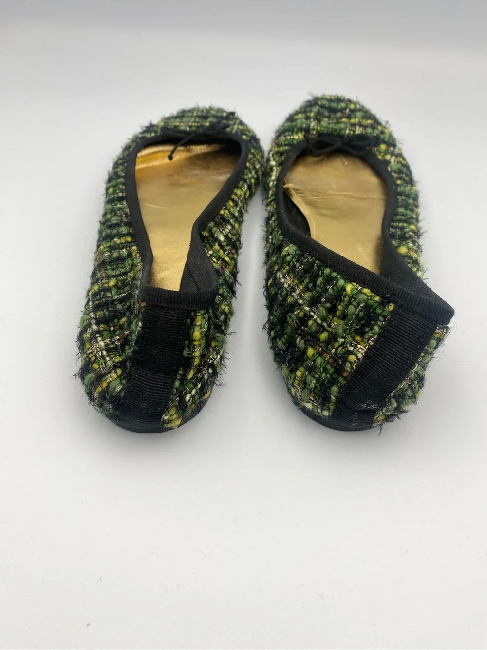 J. Crew Green Tweed Ballet Flats with Gold Insole